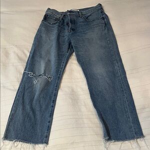 Moussy Relaxed Fit Distressed Blue Jeans, size 17, inseam 25”